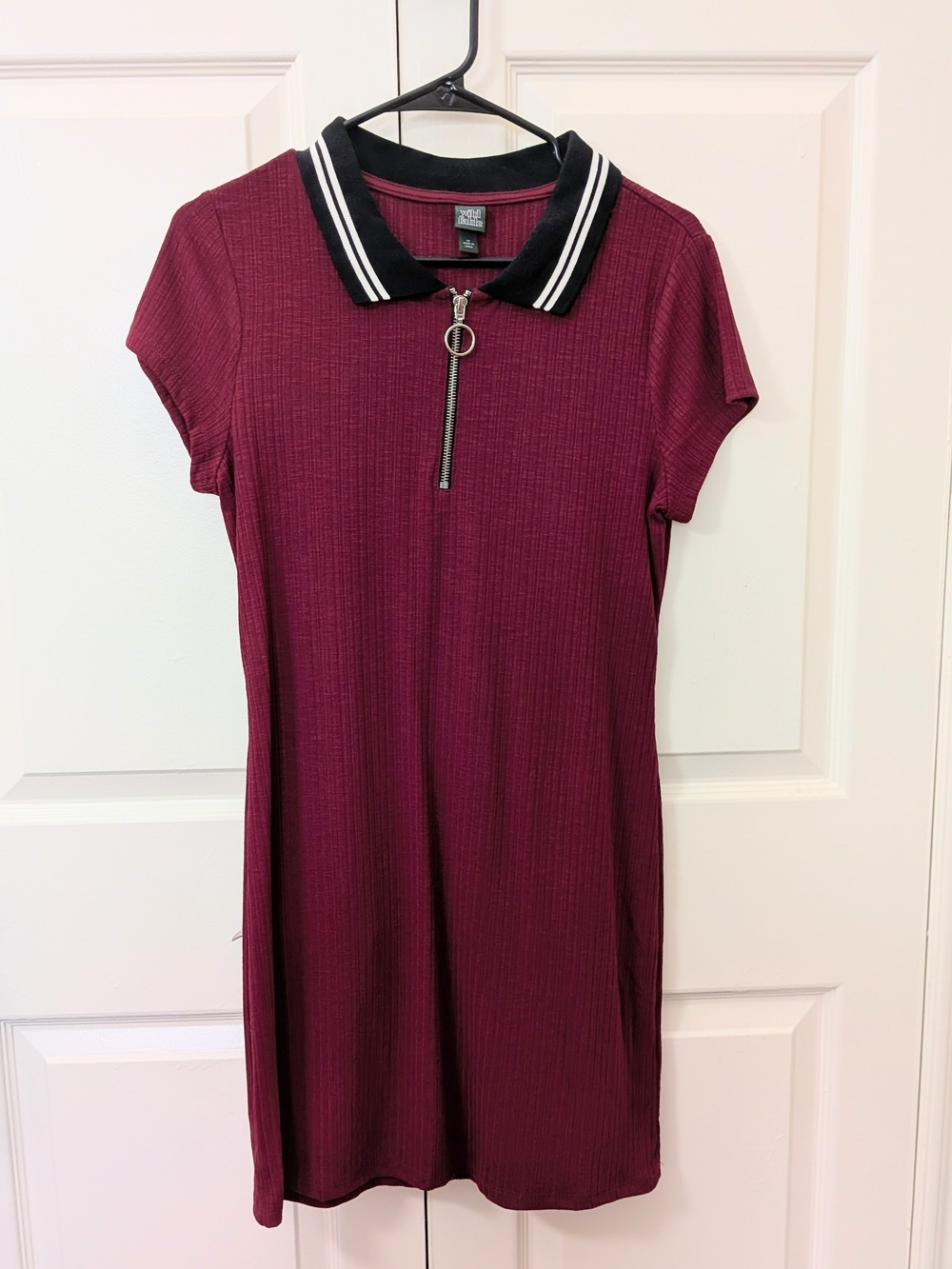 Burgundy Polo Zipper Mini Dress with Black Contrast Collar